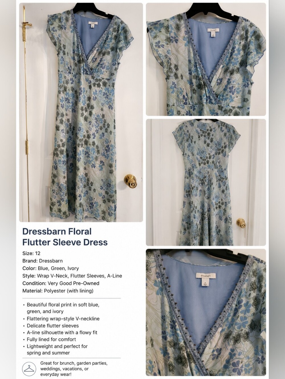 💙Dressbarn Blue Floral Midi Dress Size 12 | Flutter Sleeve V-Neck